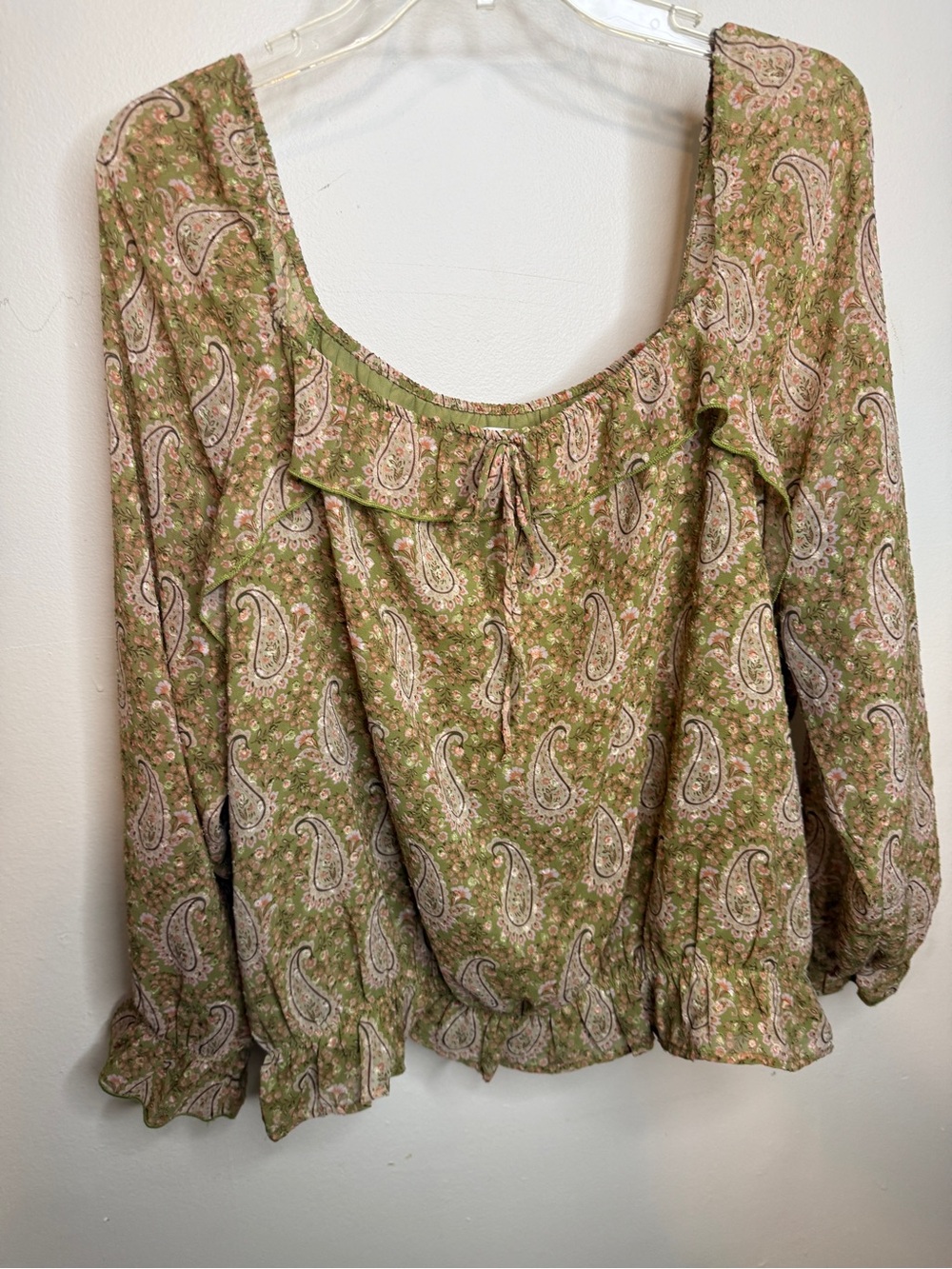 DR2 Olive Green Paisley Ruffle Peasant Blouse
